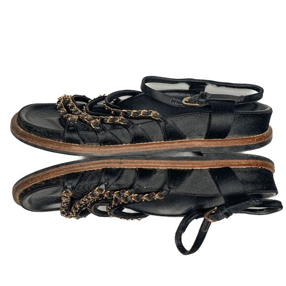 Chanel Interlocking CC Satin Chain Flat Dad Sandals EU 38.5 US 7.5-8 Black Gold - Picture 6 of 12